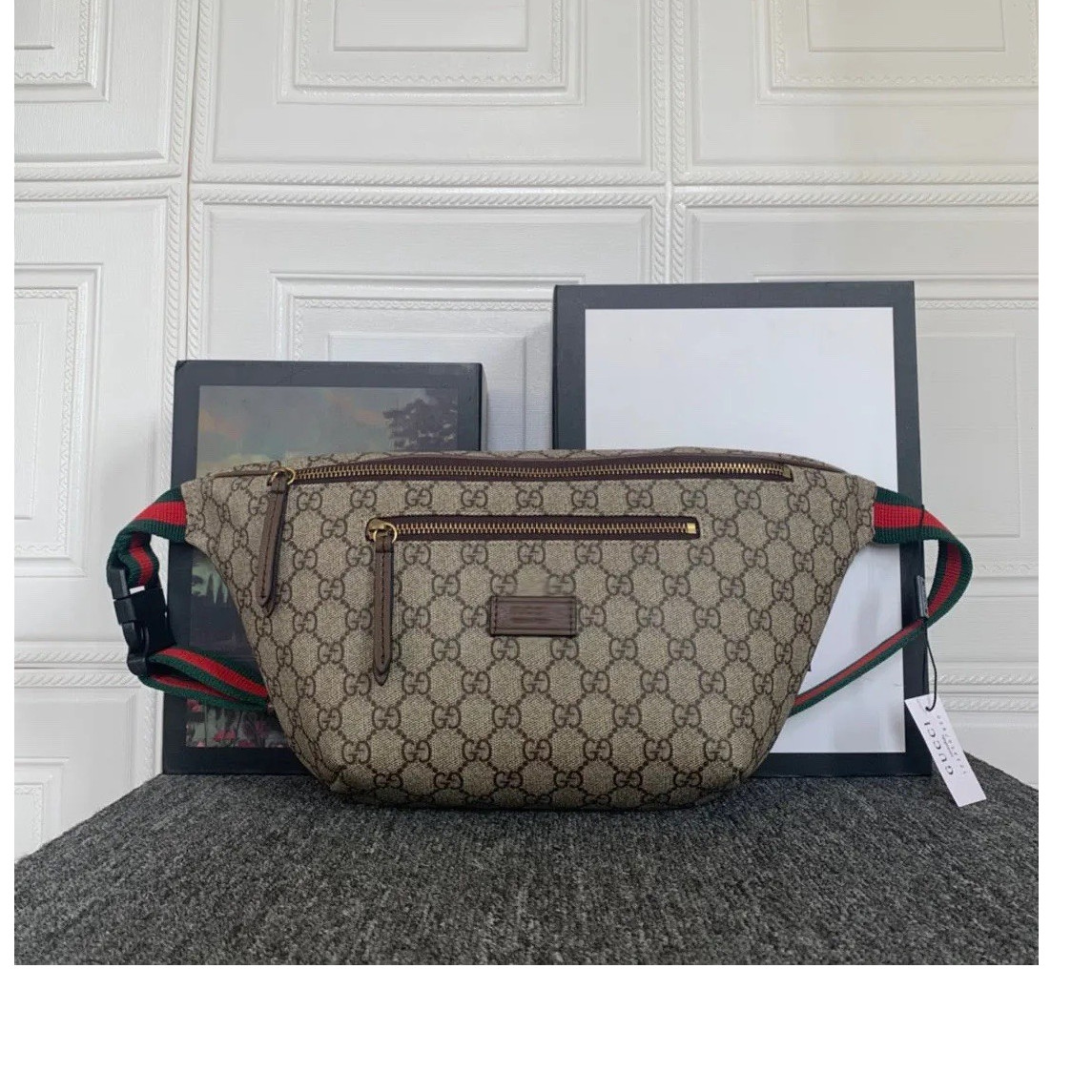 Gucci GG Monogram Belt Bag Beige Brown Web Stripe Zip Adjustable Strap Pockets