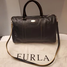 Furla Authentic Leather Shoulder Tote Bag Satchel Handbag Black Made In Italy