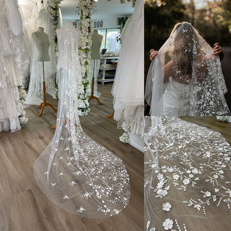 Unique Wedding Bridal Veil Cathedral Length Flower Leaf Applique Lace Custom