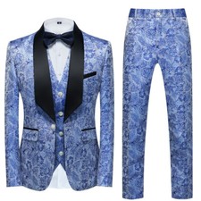Men's Dress Host Wedding Groomsman Jacquard Blazer Suit Coast Pants Three Piece