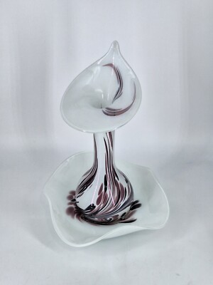 Vintage Murano Zipfelvase Lilienvase mit Teller Lila Weiß