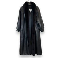 Vintage Leather Coat Large Black Fox Fur Trim Long Mobwife Oversized