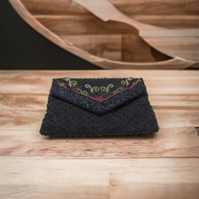 Vintage La Regale Black Satin Beaded Clutch Handbag Purse