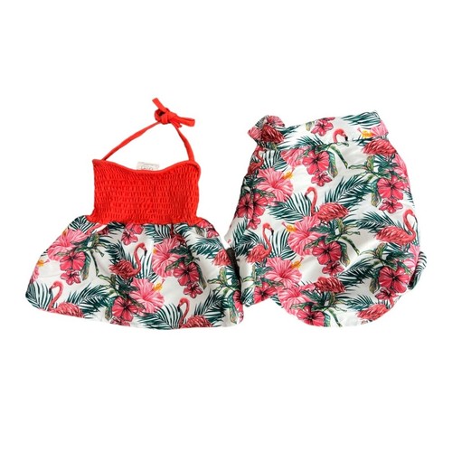 Pet Clothing Small by Woof 2 pieces Hawaiian dress and Shirt flamingo floral 