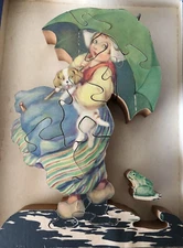Antique 1920s Zigity-Zagity April Showers Wood Jigsaw Puzzle Toy Hand Made W/Box