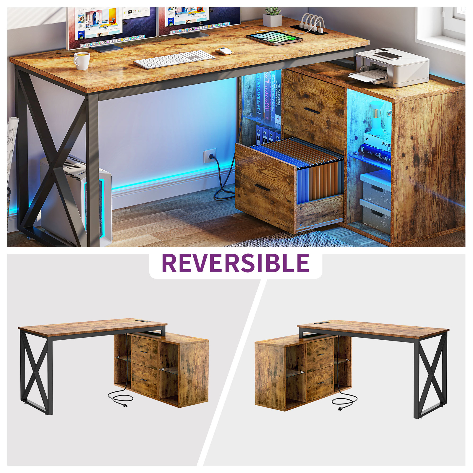 L Shaped LED Gaming Desk Reversible Computer Desk Gaming Desk with Power Outlets