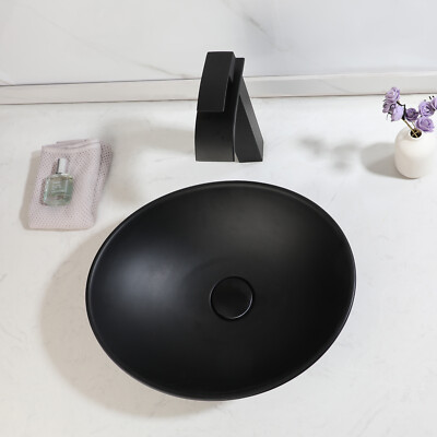 Stone Resin Bathroom Vessel Sink Black Bowl Combos Black Faucet Chrome Drain Set
