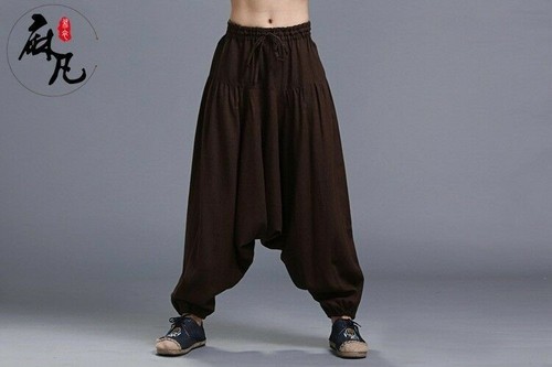 Men Linen Harem Trousers Baggy Chinese Drop Crotch Pants Loose Casual Black New - Picture 14 of 15