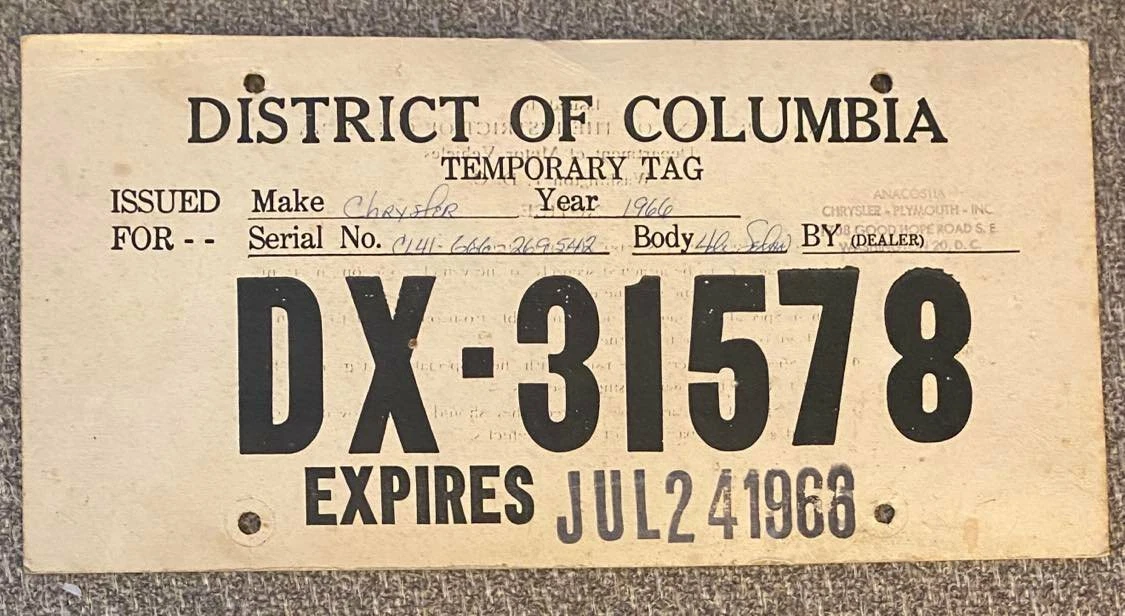 Washington DC 1968 TEMPORARY PAPER License Plate TAG DX 31578