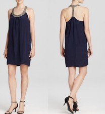 Joie Asela Navy Silk Embellished Racer Back Shift Dress Size Medium