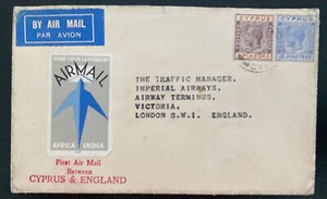 1932 Cyprus First Flight Airmail Cover To London England