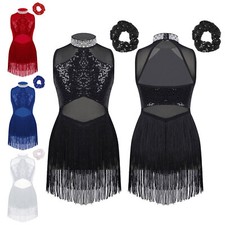 Kids Girls Dancewear Backless Leotard With Hair Tie Sequins Dance Outfits Jazz