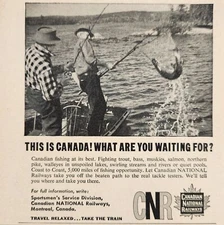 1958 Print Ad CNR Canadian National Railway Fishing at Its Best Man Nets Fish