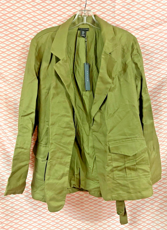 Tahari Olive Green Long Sleeve Lightweight Linen/Cotton Utility Jacket Medium