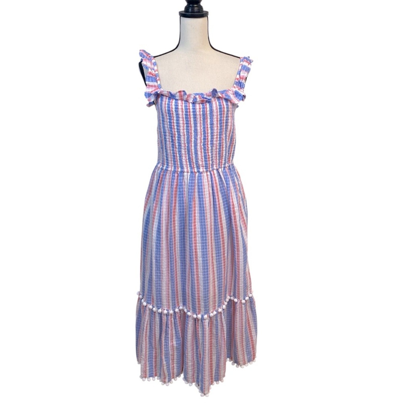 Crown & Ivy Pastel Stripe Smocked Tiered Pom Pom Dress Size Large