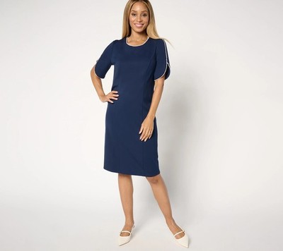 Susan Graver Smart Ponte Dress with Faux Pearl Trim Navy 2X New