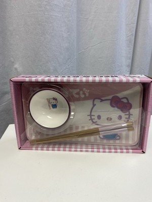 Sanrio Hello Kitty Pink 3 Piece Ceramic Sushi Set Sauce Bowl Chopsticks Kawaii