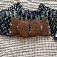 Boho Hand Loomed Glass Bead Belt Wood Scroll Jigsaw Brown Pawa Wide Stretch