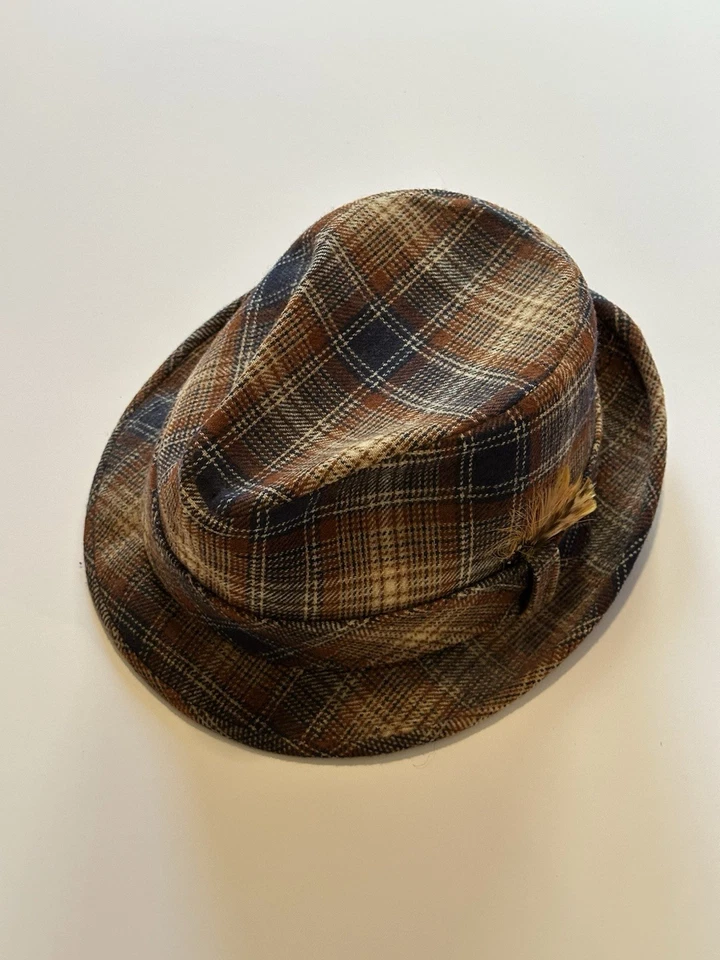 Винтажная мужская шапка-федора Pendleton из 100% шерсти в клетку размер 7 3/8 перья сделано в США MCM - Изображение 4 из 4