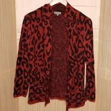 Joseph A Womens Red Black Fuzzy Animal Print Open Front Cardigan Sweater Small