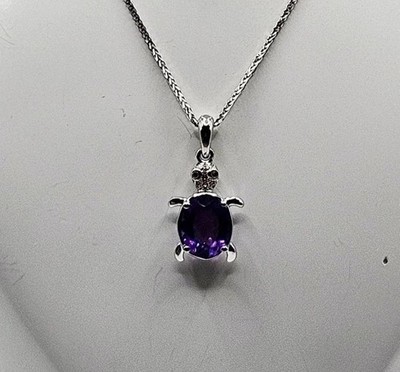 Sterling Silber Franco Gliederkette Halskette mit Amethyst und CZ Schildkröte Anhänger 