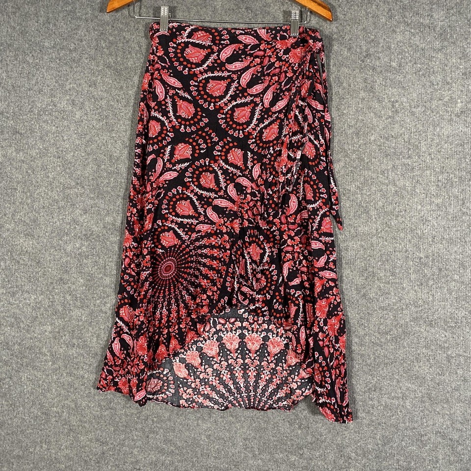 Seven Wonders Skirt Womens 10 Black Red Paisley Print Wrap Midi Boho Coastal 4C