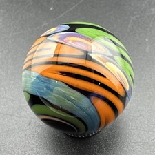 Contemporary Handmade Art Glass Marble 1" Green Blue Orange Surface Swirl MIB