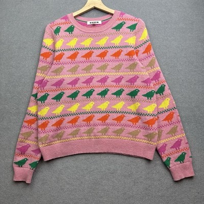 BODEN Edie Pullover Damen Medium Fairisle Vögel Passe Strick Rotkehlchen bunt