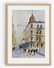 Original Watercolor Cityscape – European Street Scene with Building, Urban Art