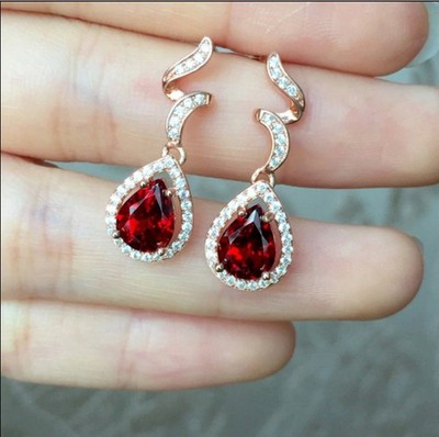 3 Ct Pear Cut Simulated Red Garnet Women's Drop Earrings In 14k Rose Gold Plated