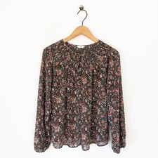 Hush Lana Shirred Blouse Size 10 Khaki Green Floral Long Sleeve Chiffon