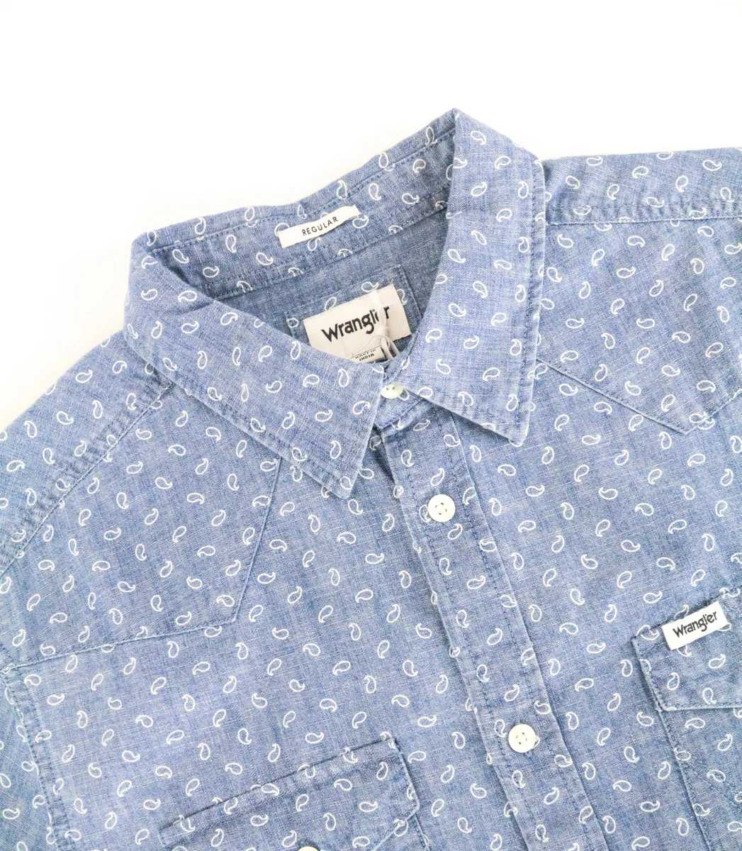Chemise Vintage Wrangler Denim Manches Courtes Taille M | Motif Patriotique Jaune, Blanc, Bleu - Occasion