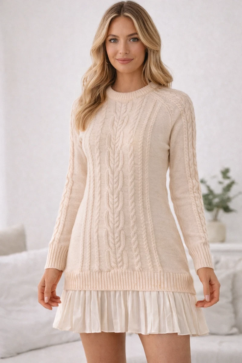 open lace back dress Cable Knit Pleated Sweater Dress – English Factory main image 1