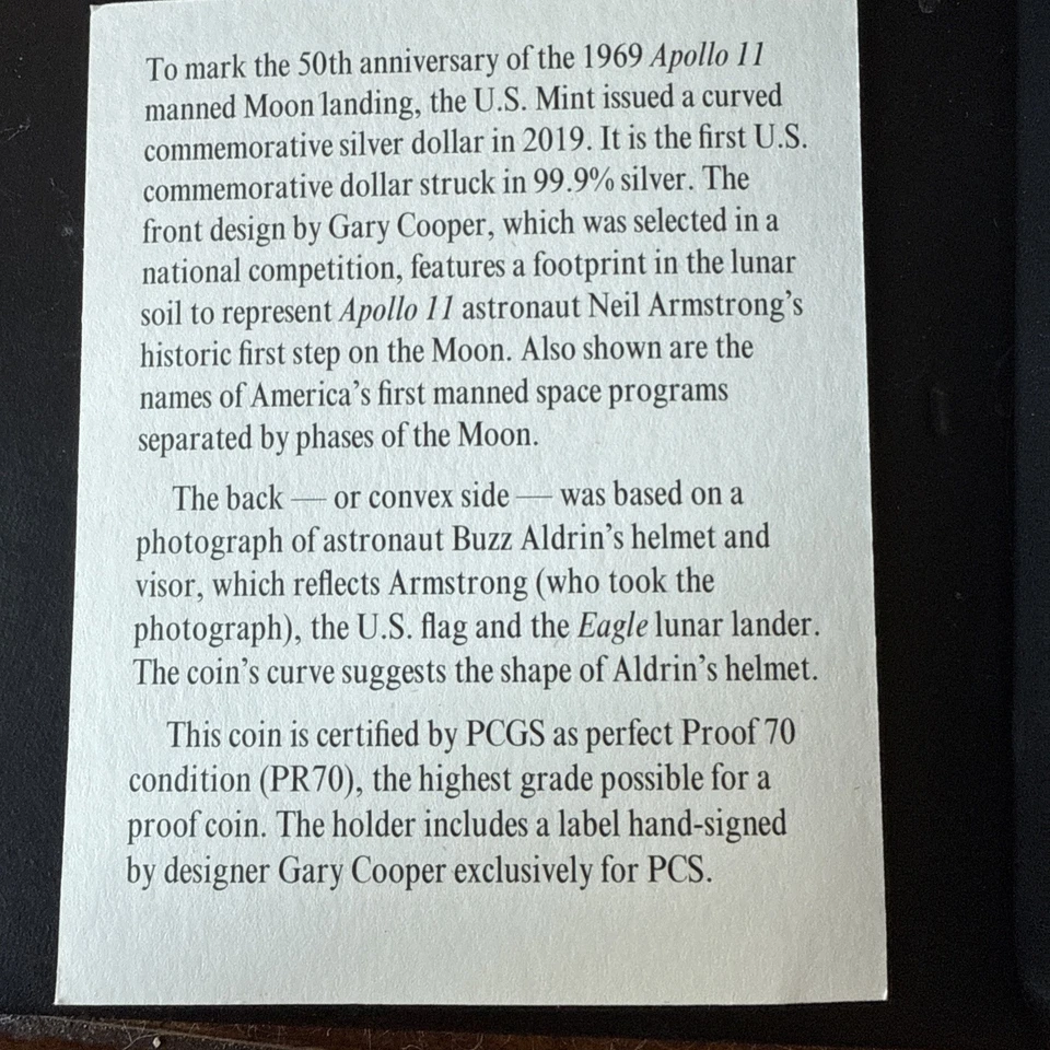 2019 P $1 Apollo 11 50th Anniversary Silver Dollar PCGS PR70DCAM Cooper Signed - Image 4 of 4