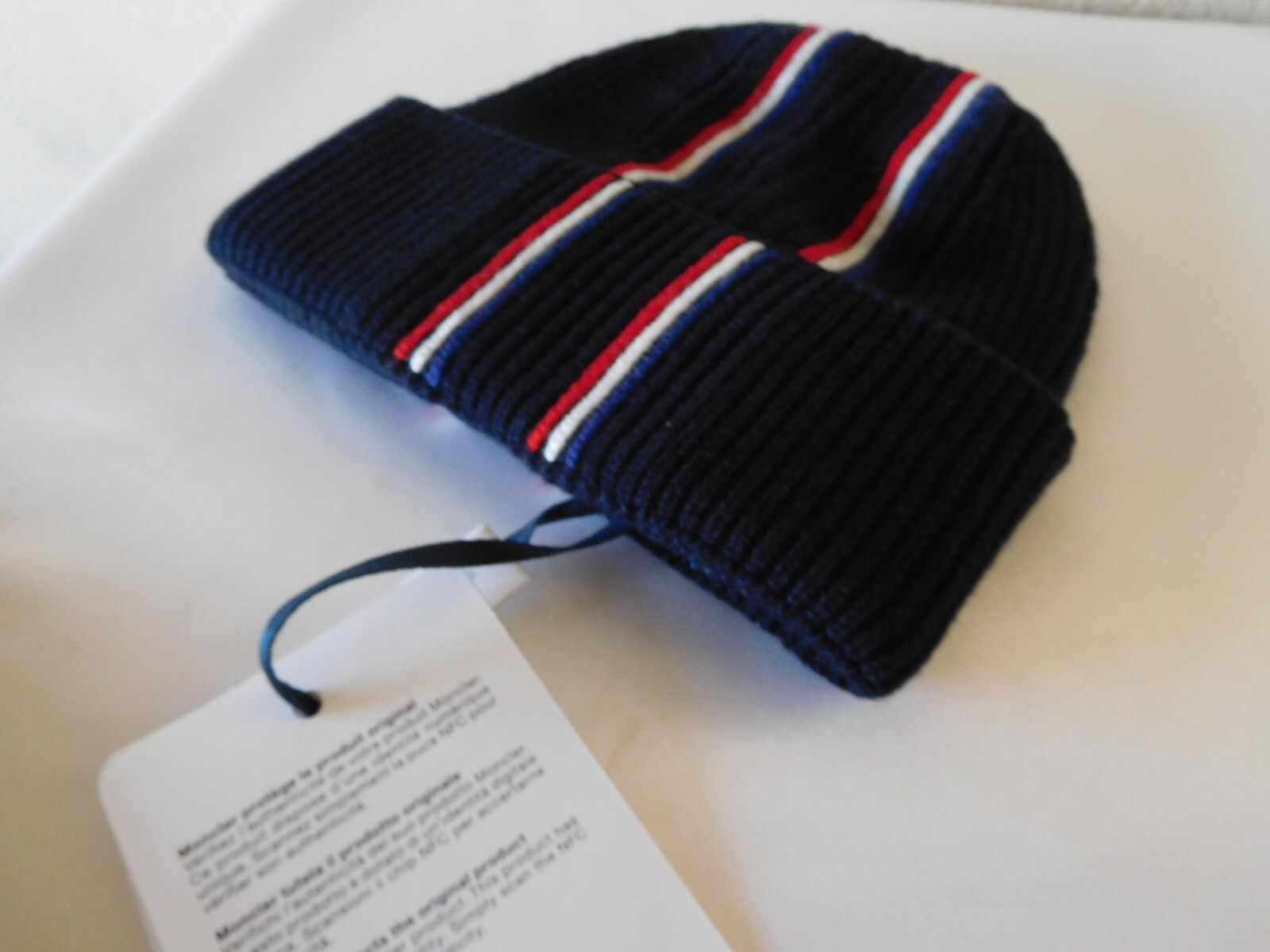 New MONCLER Berretto Tricot Men's Ribbed Beanie with Tipping ~Navy image 4