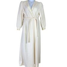 Vintage Robe House Coat Komar Size Large White Fleece Floral Collar Tie Waist