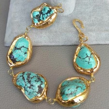 Freeform Blue Turquoise 24 K Yellow Gold Plated Bracelet 9''