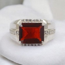Garnet Emerald Cut Gemstone With 925 Sterling Silver Ring For Men's 960