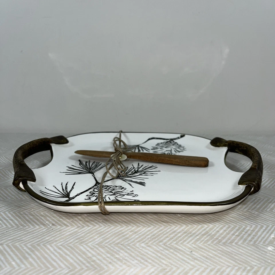 Mud Pie Pinecone Ceramic Rustic Hostess Serving/Cheese Tray White & Brown 10x8” - Image 2 of 4