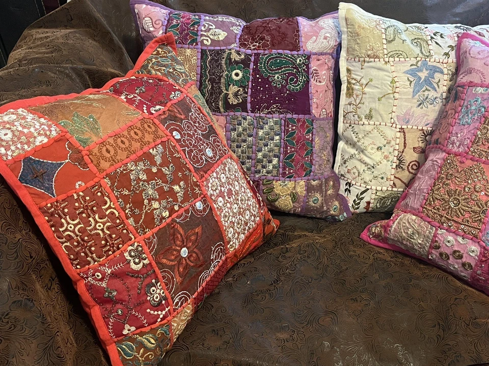 One of a Kind RED Patchwork cushion covers, COVER ONLY. Zipper, 16"x16", - Image 2 of 4