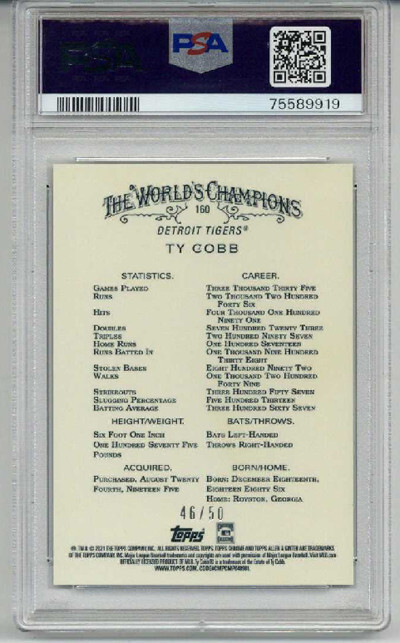 2021 TOPPS ALLEN & GINTER CHROME GOLD REFRACTOR #160 TY COBB /50 PSA 10 LOW POP view 2
