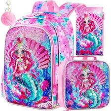AGSDON 3PCS Mermaid Backpack for Girls, 16" Little Kids Sequin Preschool...