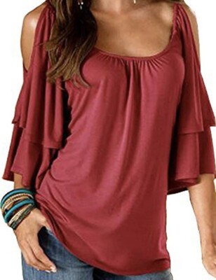 Merryfun Women's Summer Cold Shoulder Ruffle Sleeve Loose Stretch Tops Size S