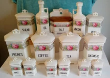 Antique Deco Canister Set Complete! Cruets Saltbox 14 Pieces plus lids 1920's