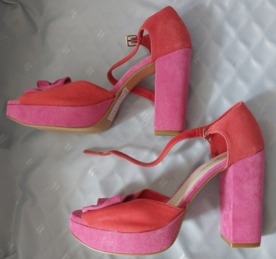 New BESPOKE WIDE FIT Pink Burnt Red BOW Peep Toe BLOCK HEEL