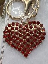 Crystal Heart Bag Charm Key Chain-Yellow Gold Tone-Red