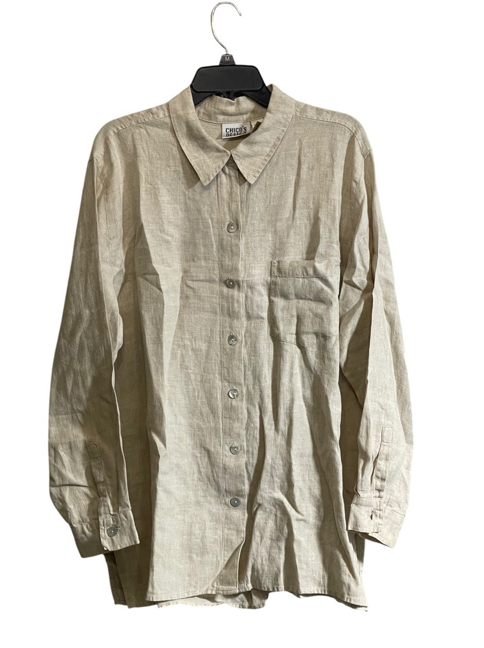 Chicos Design Sz 3 100% Linen Button Down Shirt Long Sleeve Beige Quiet Luxury