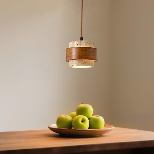 Natural Stone Pendant Light, Wabi Sabi Travertine & Wood Hanging Lamp for Kit... - Bild 2 von 7