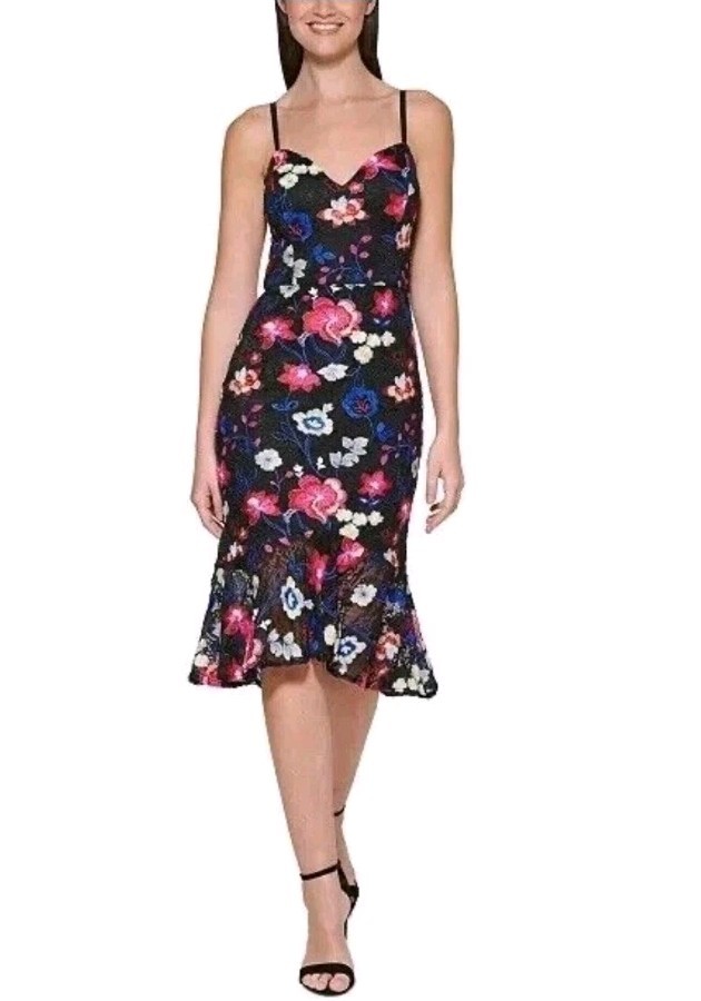 guess floral embroidered dress GUESS Embroidered Mesh Cage Back Dress in Black Multi at Nordstrom Rack, Size 14