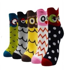 5 Kawaii Owl Socks Set Bold Animal Patterns Sz 9-11 Cotton Cartoon Style New
